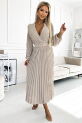 Pleated Midi Dress With Wide Belt Numoco