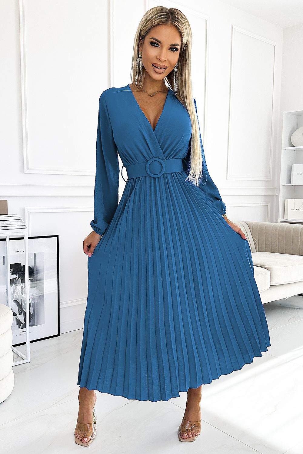 Pleated Midi Dress With Wide Belt Numoco