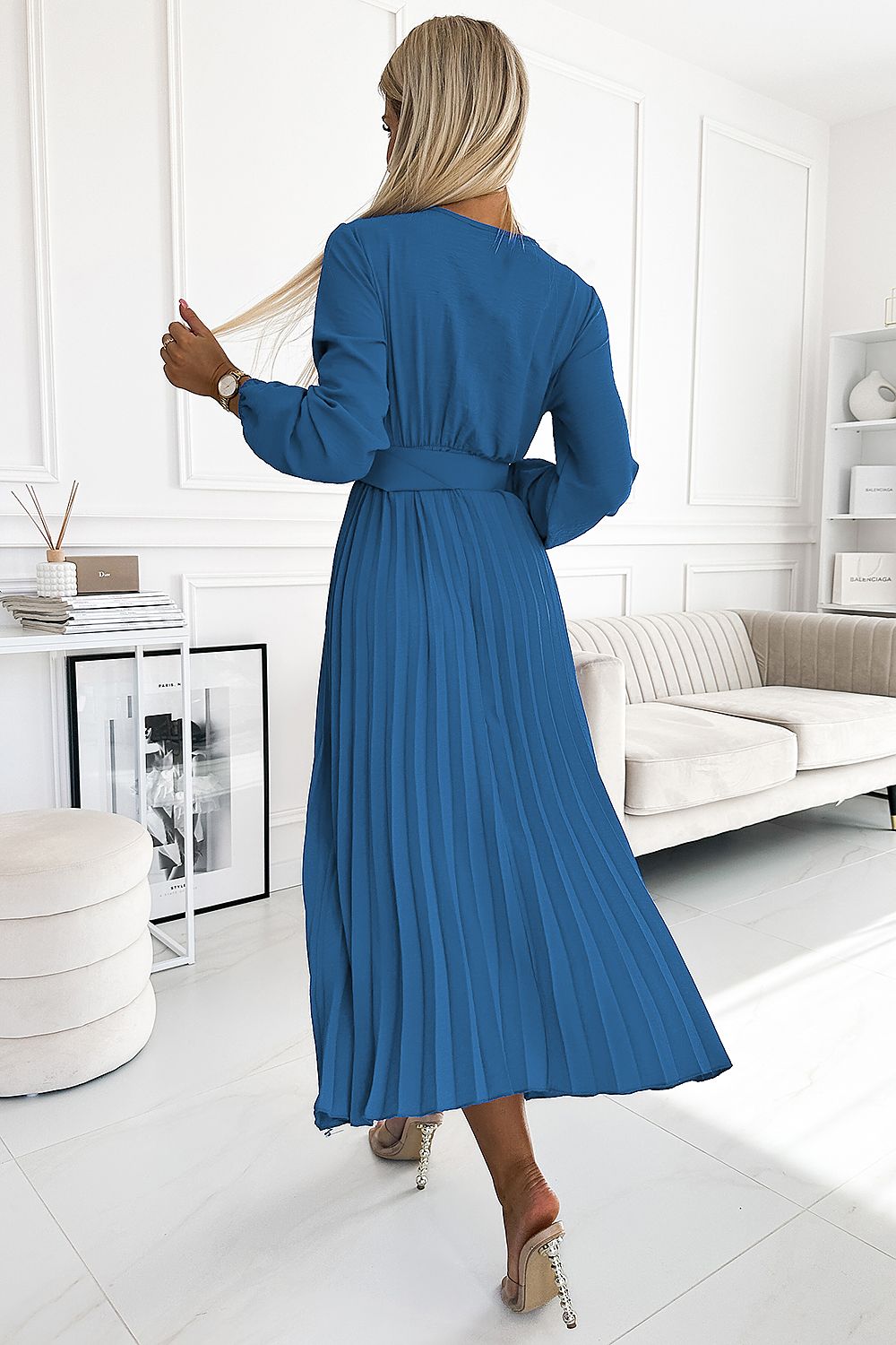 Pleated Midi Dress With Wide Belt Numoco