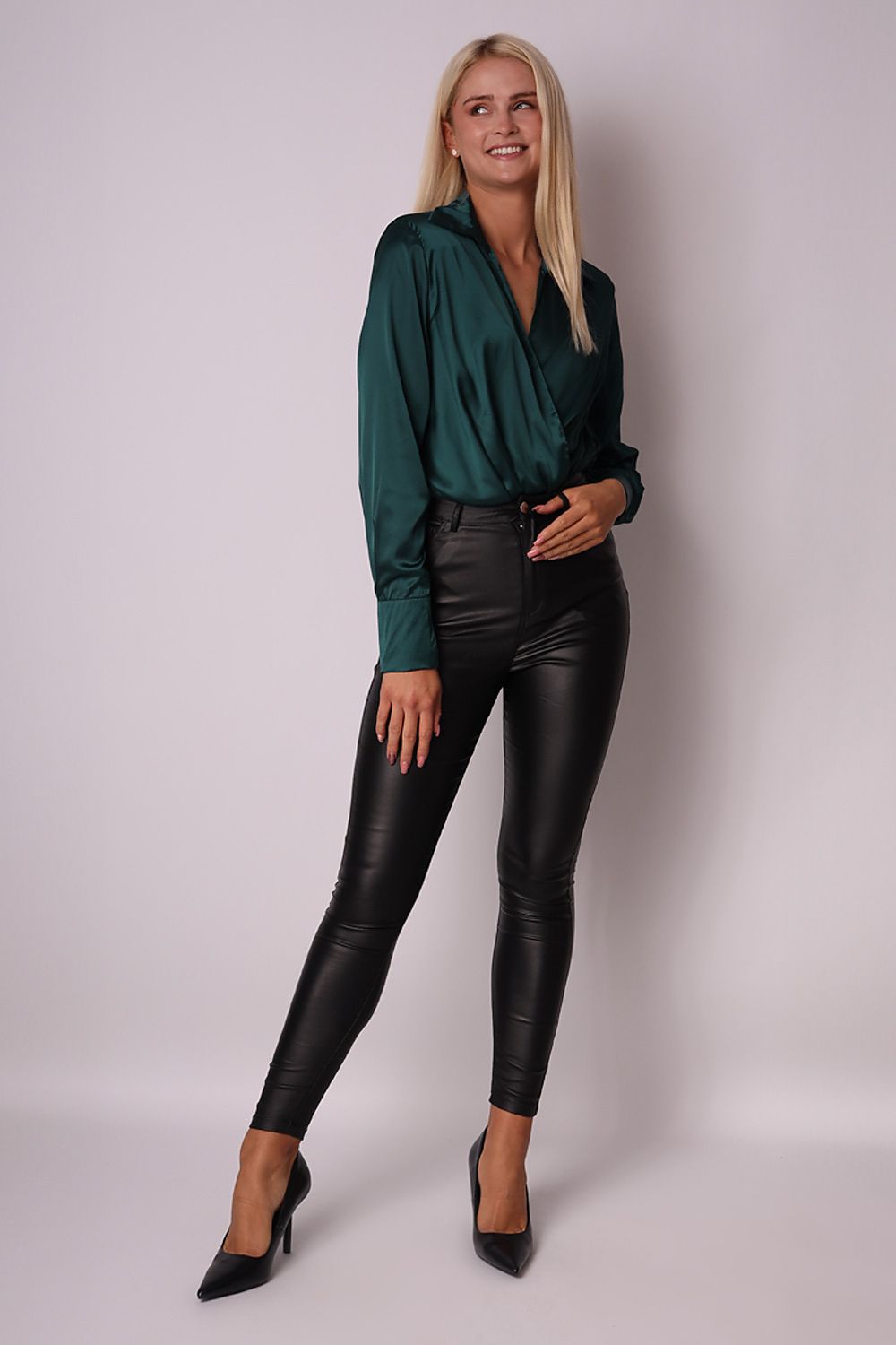 Turquoise Satin Long Sleeve Bodysuit Ax Paris