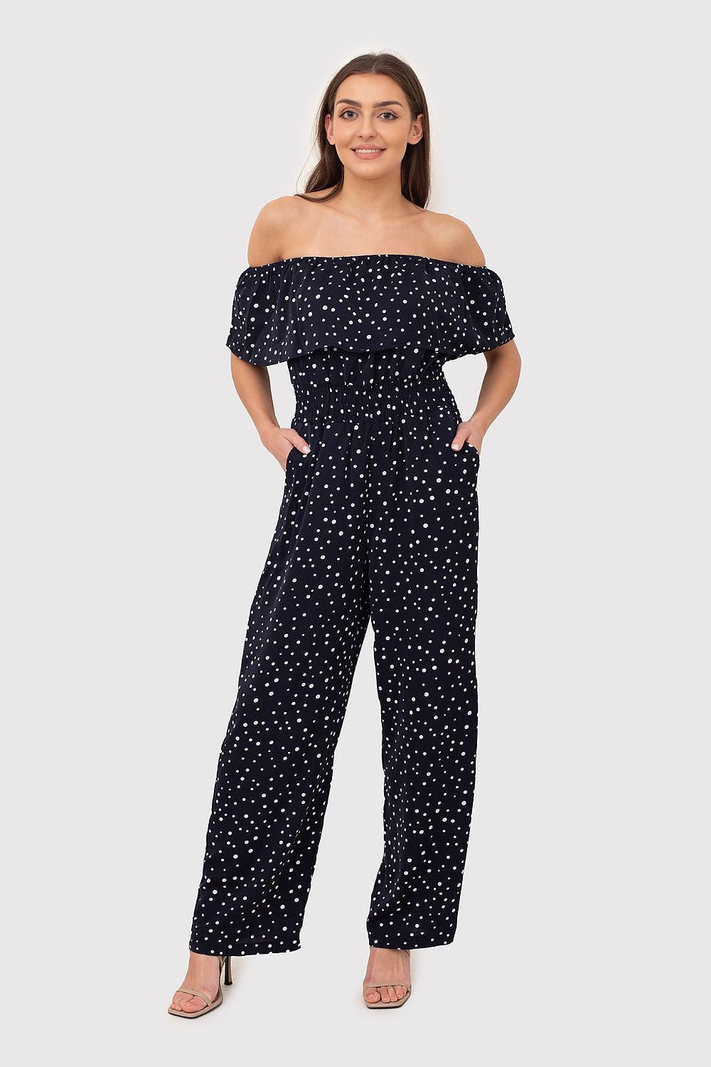 Navy Blue Polka Dot Bardot Jumpsuit Ax Paris