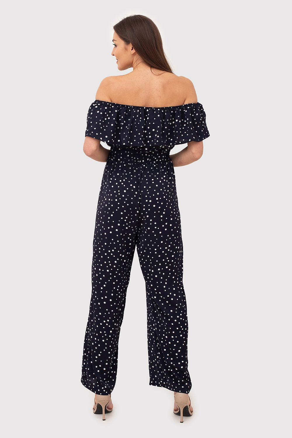 Navy Blue Polka Dot Bardot Jumpsuit Ax Paris