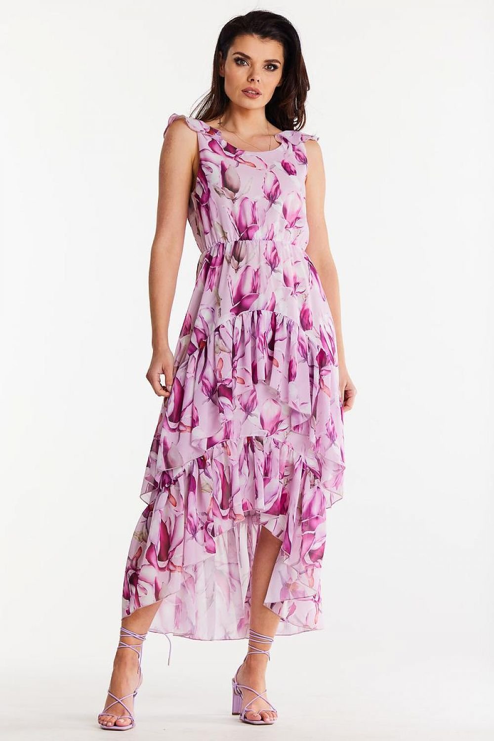 Asymmetrical Ruffle Chiffon Dress Awama