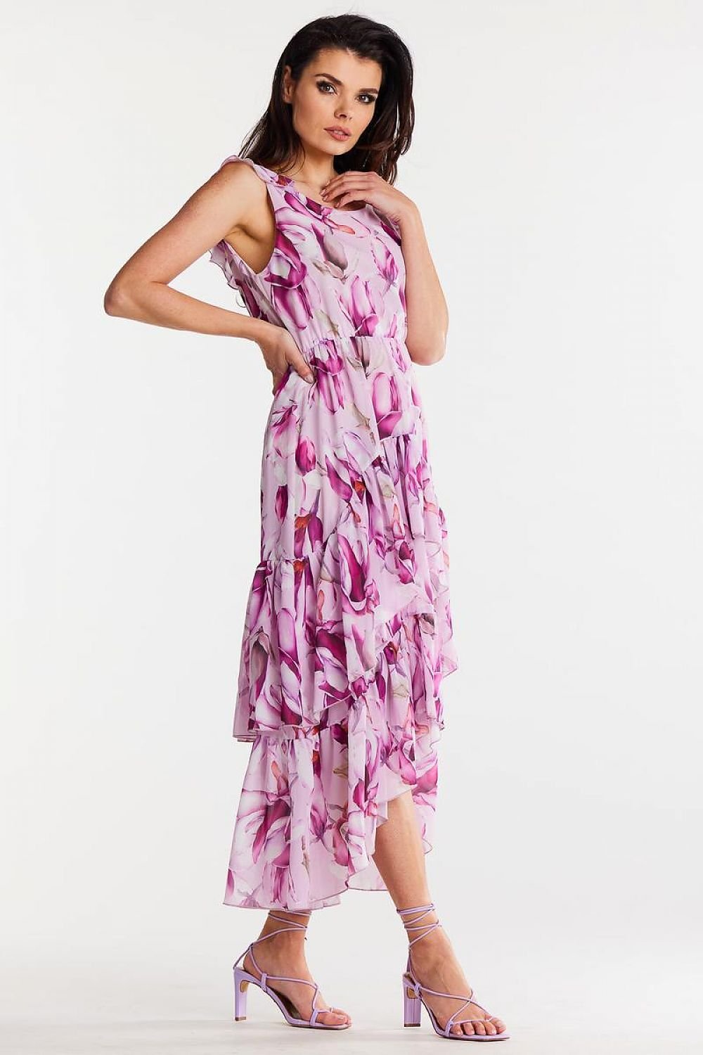 Asymmetrical Ruffle Chiffon Dress Awama