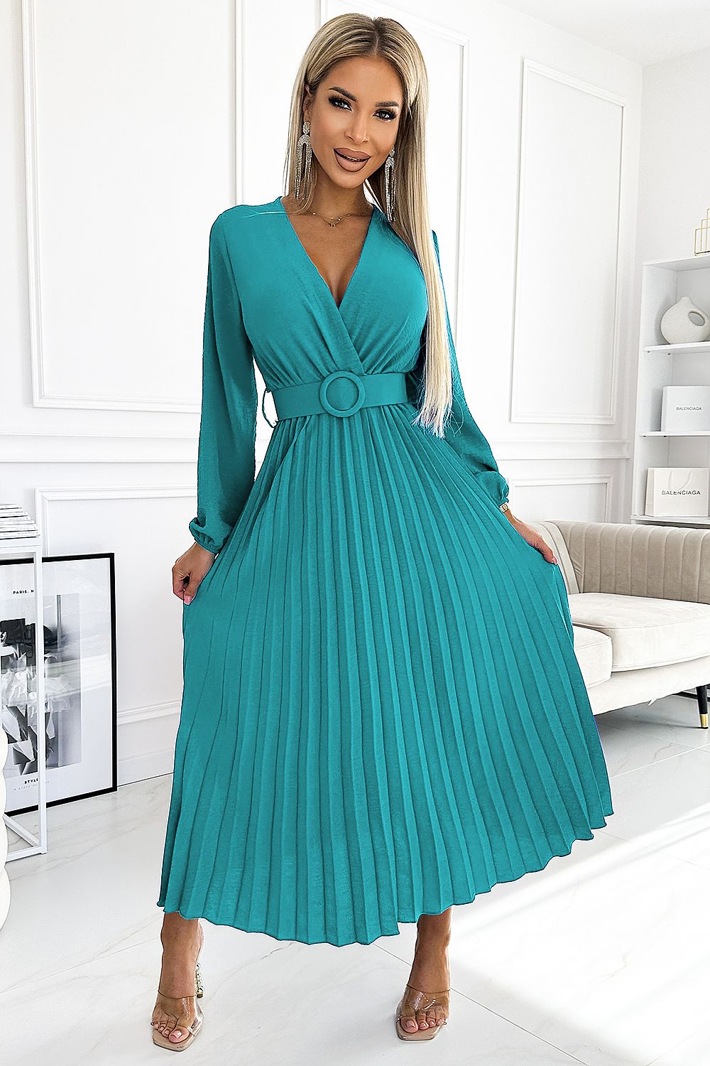 Pleated Midi Dress With Wide Belt Numoco