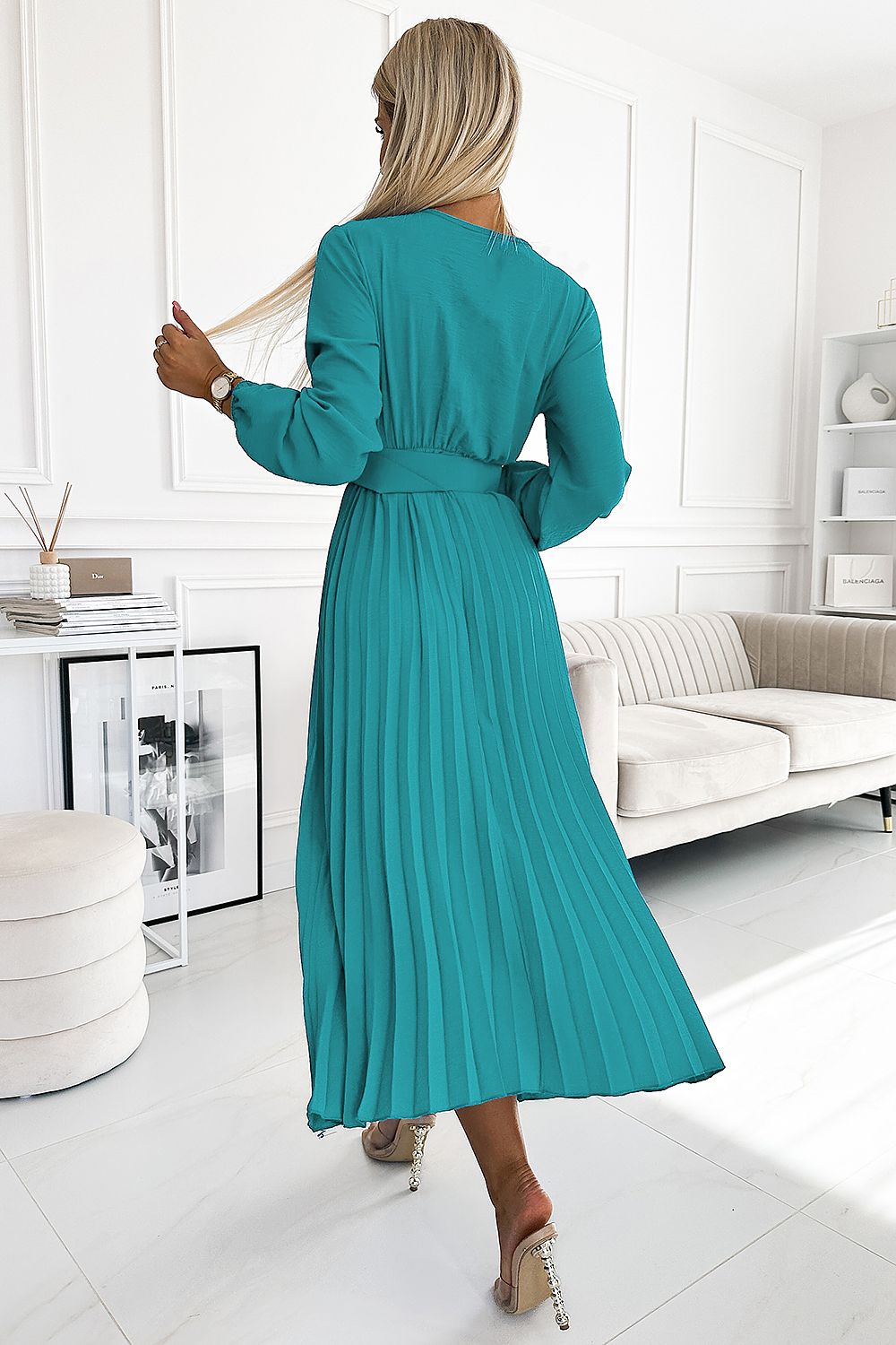 Pleated Midi Dress With Wide Belt Numoco