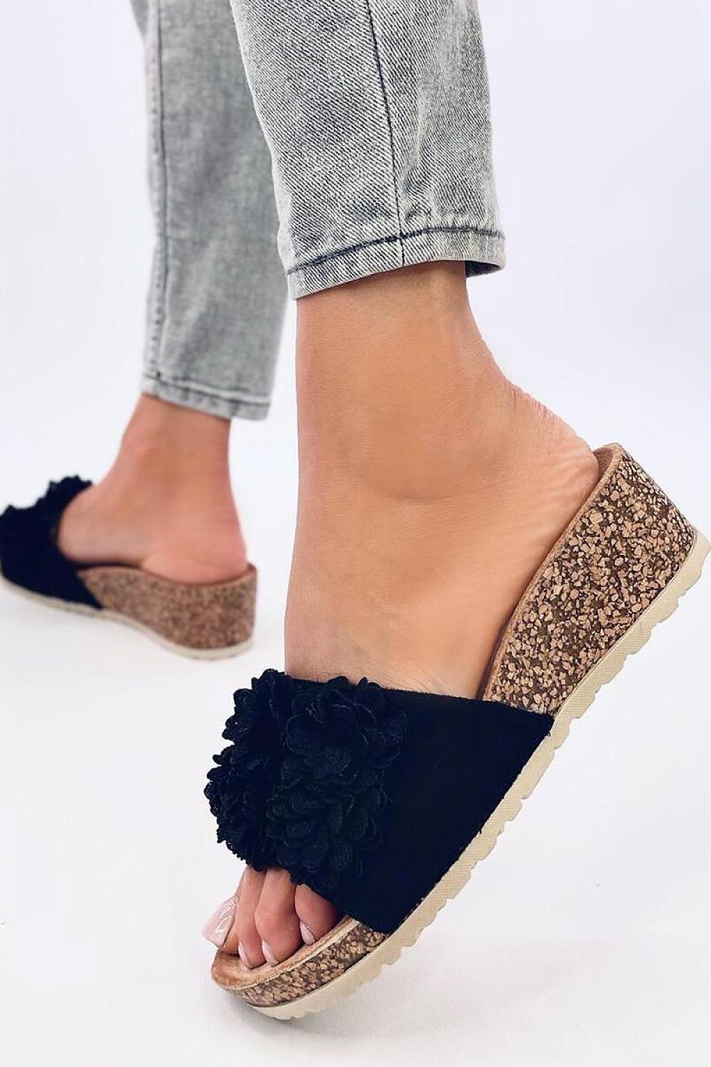 Floral Appliqué Cork Wedge Slides Inello