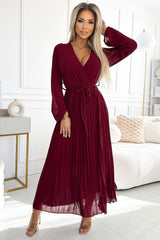 Pleated Burgundy Chiffon Dress Numoco