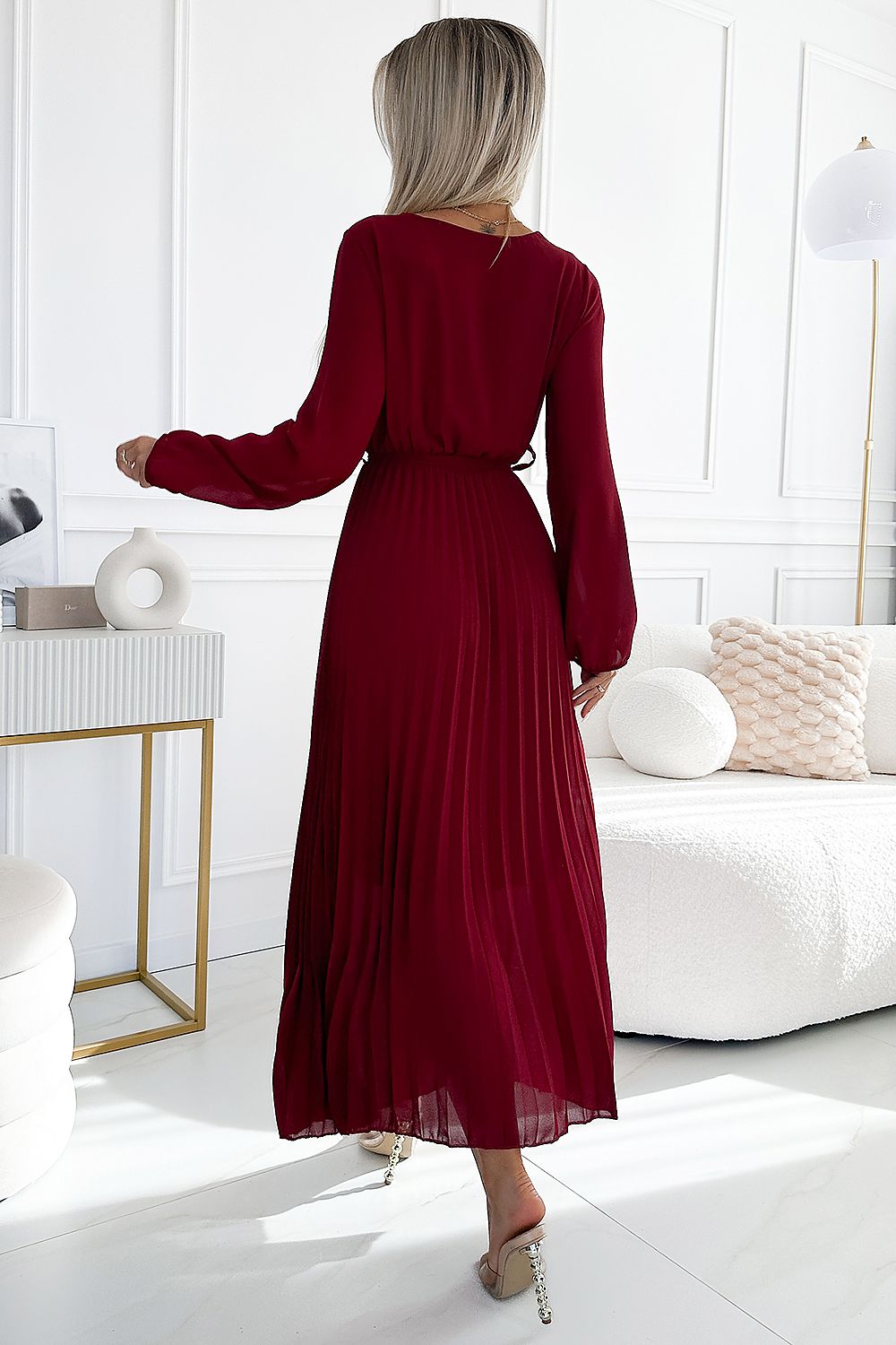 Pleated Burgundy Chiffon Dress Numoco