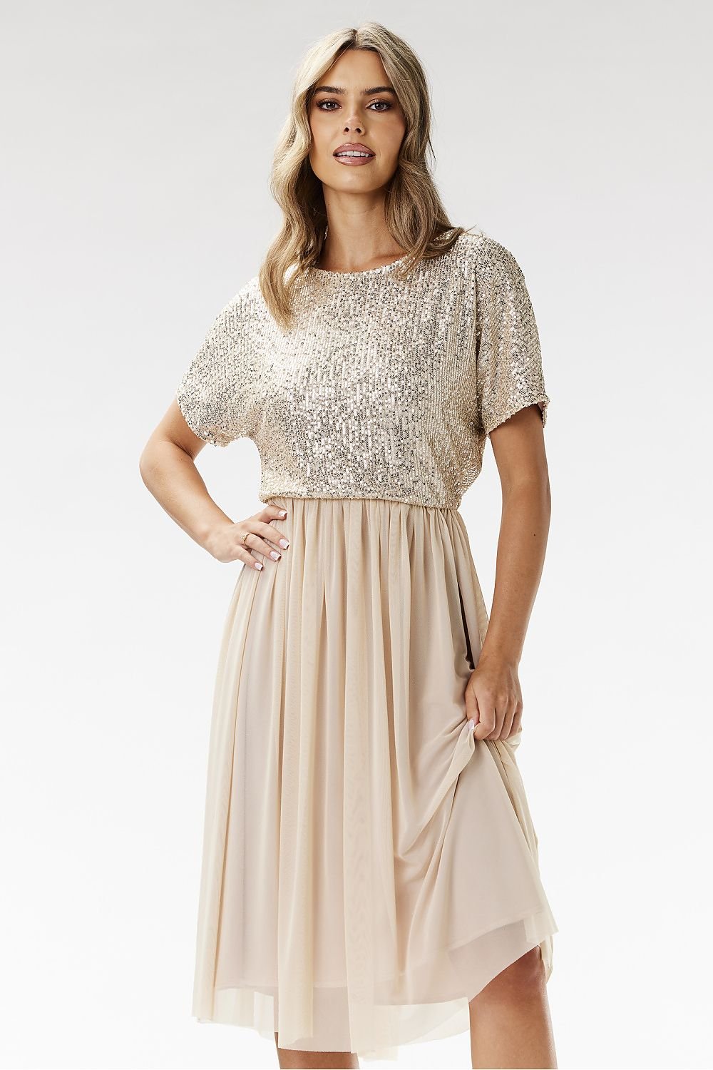 Glamorous Sequin Tulle Midi Evening Dress Awama