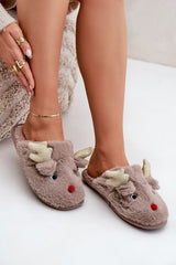 Charming Fur Slippers With Reindeer Motif