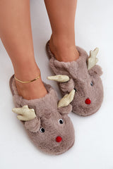 Charming Fur Slippers With Reindeer Motif