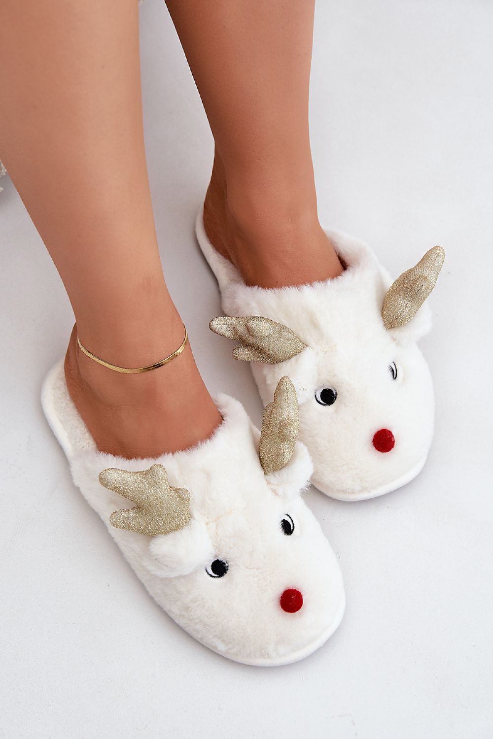 Charming Fur Slippers With Reindeer Motif