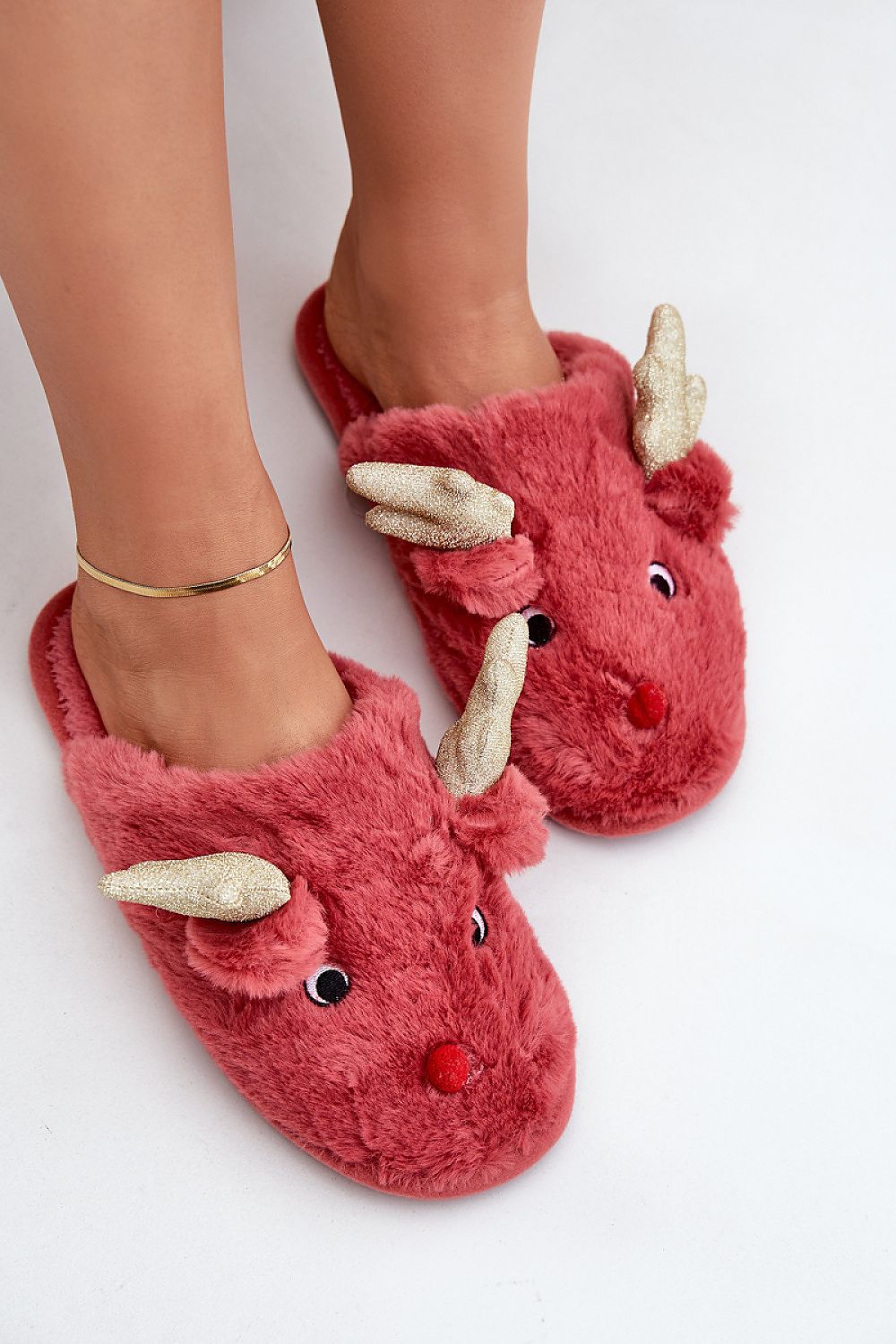 Charming Fur Slippers With Reindeer Motif