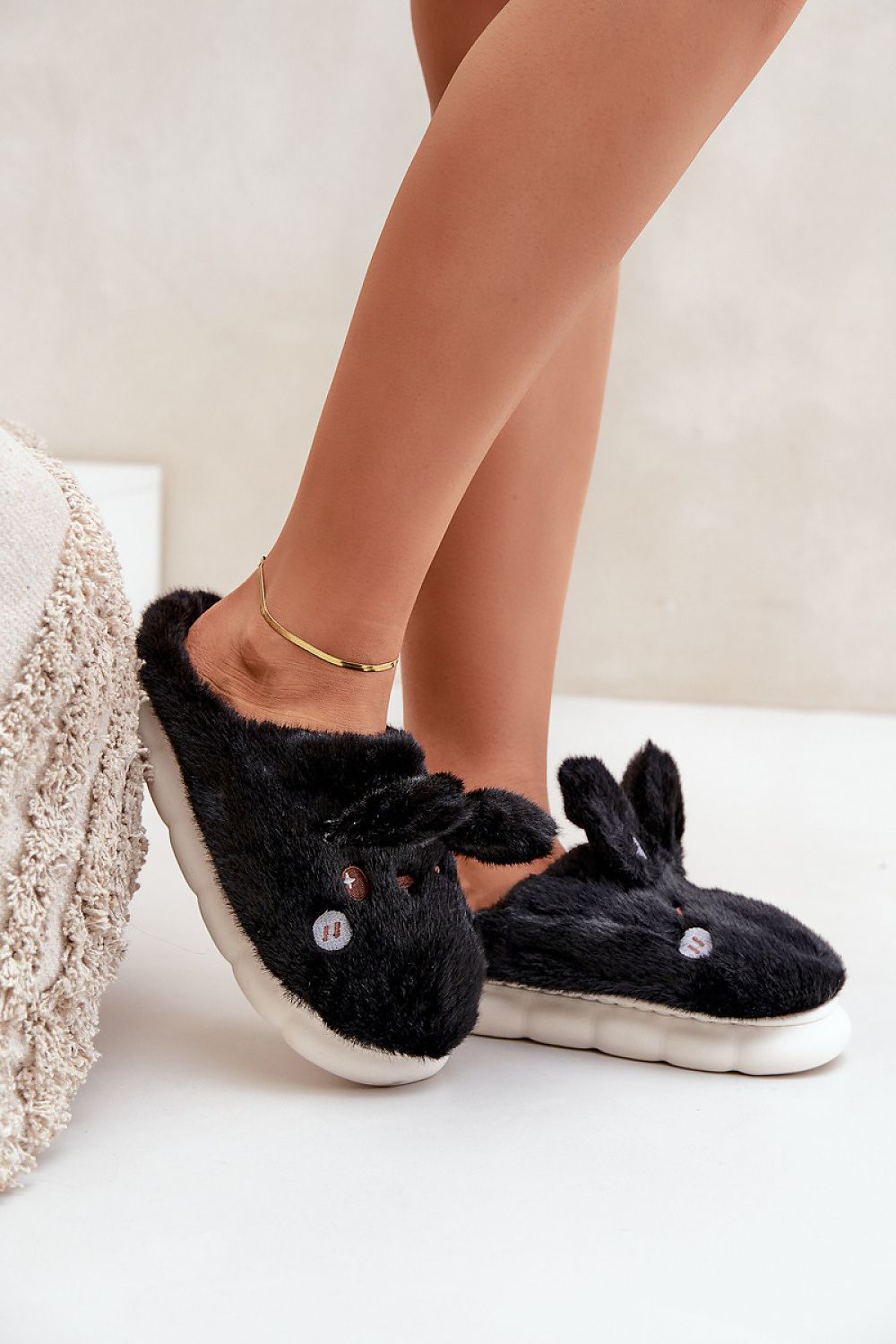 Charming Furry Slippers With Rabbit Motif