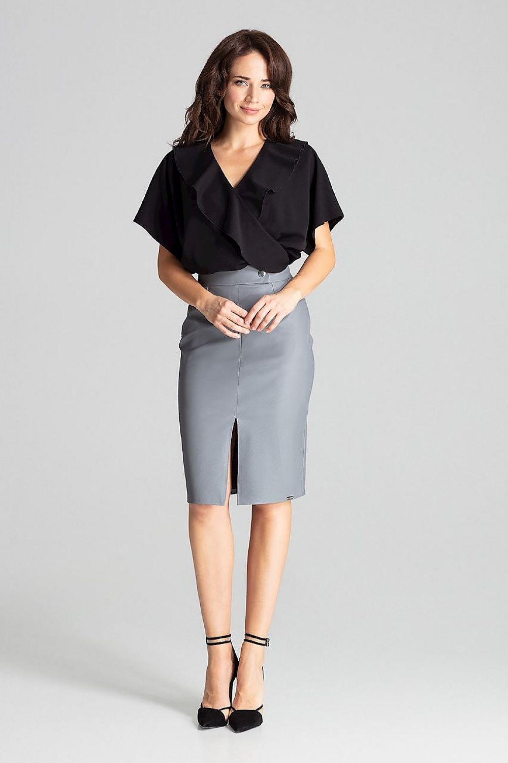 Elegant Black Eco-Leather Midi Pencil Skirt Lenitif