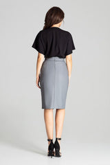 Elegant Black Eco-Leather Midi Pencil Skirt Lenitif