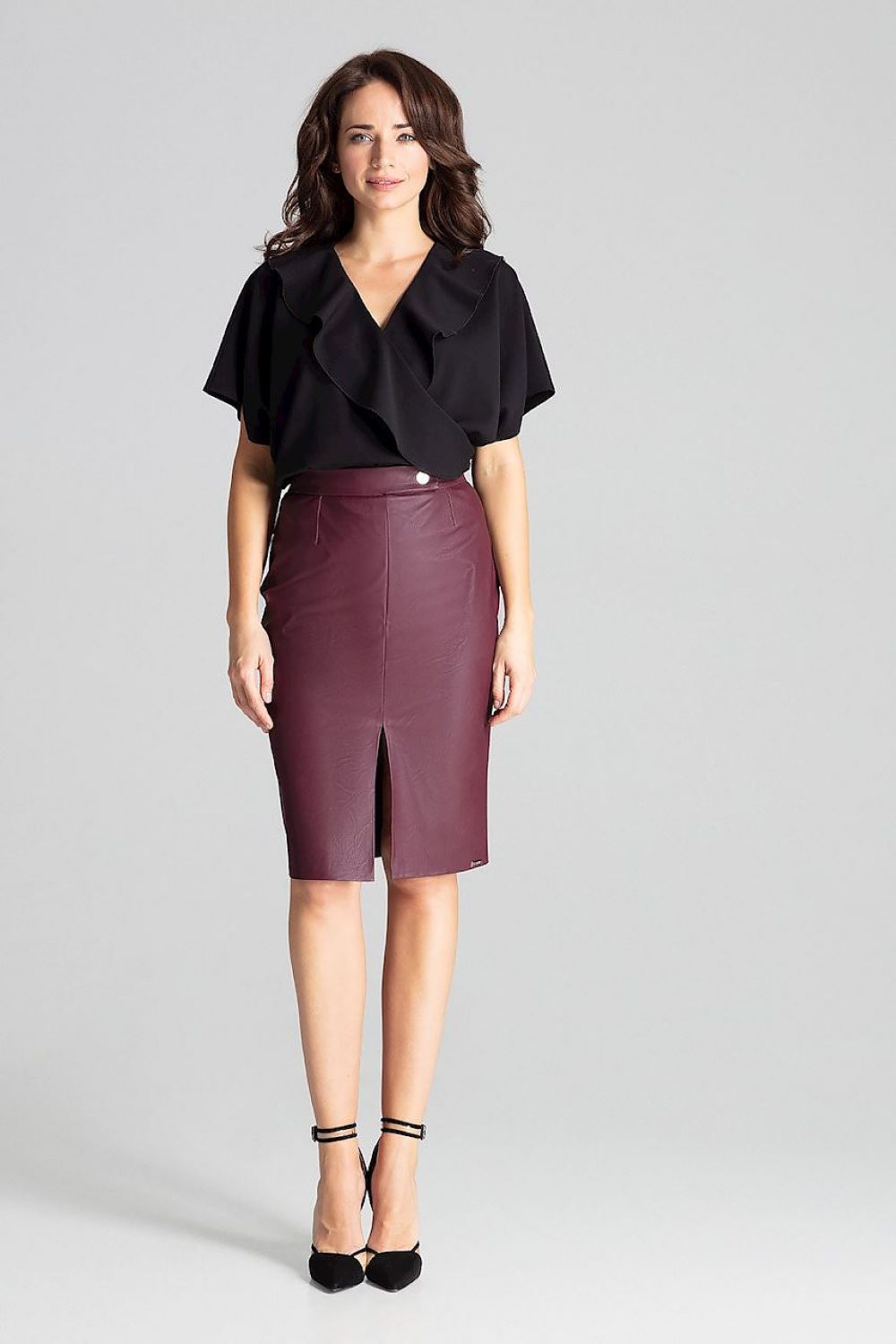 Elegant Black Eco-Leather Midi Pencil Skirt Lenitif