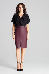 Elegant Black Eco-Leather Midi Pencil Skirt Lenitif