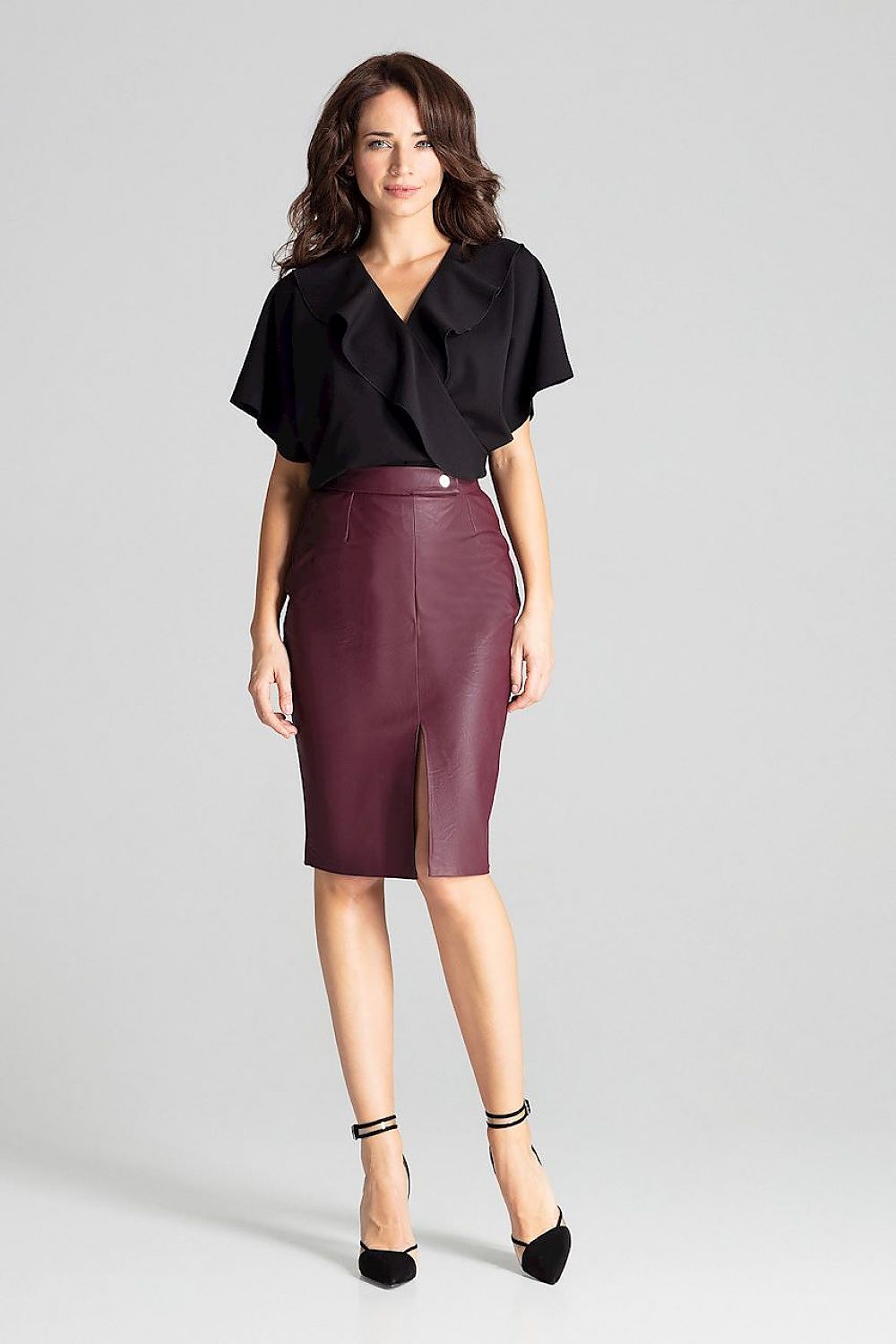 Elegant Black Eco-Leather Midi Pencil Skirt Lenitif