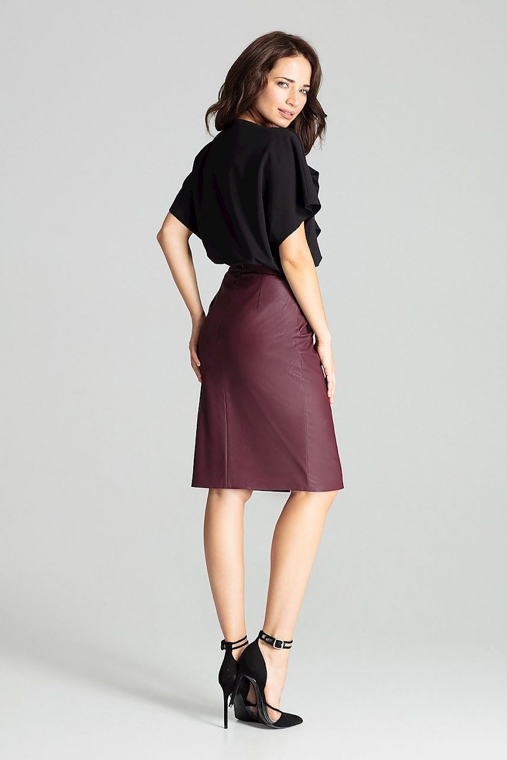 Elegant Black Eco-Leather Midi Pencil Skirt Lenitif