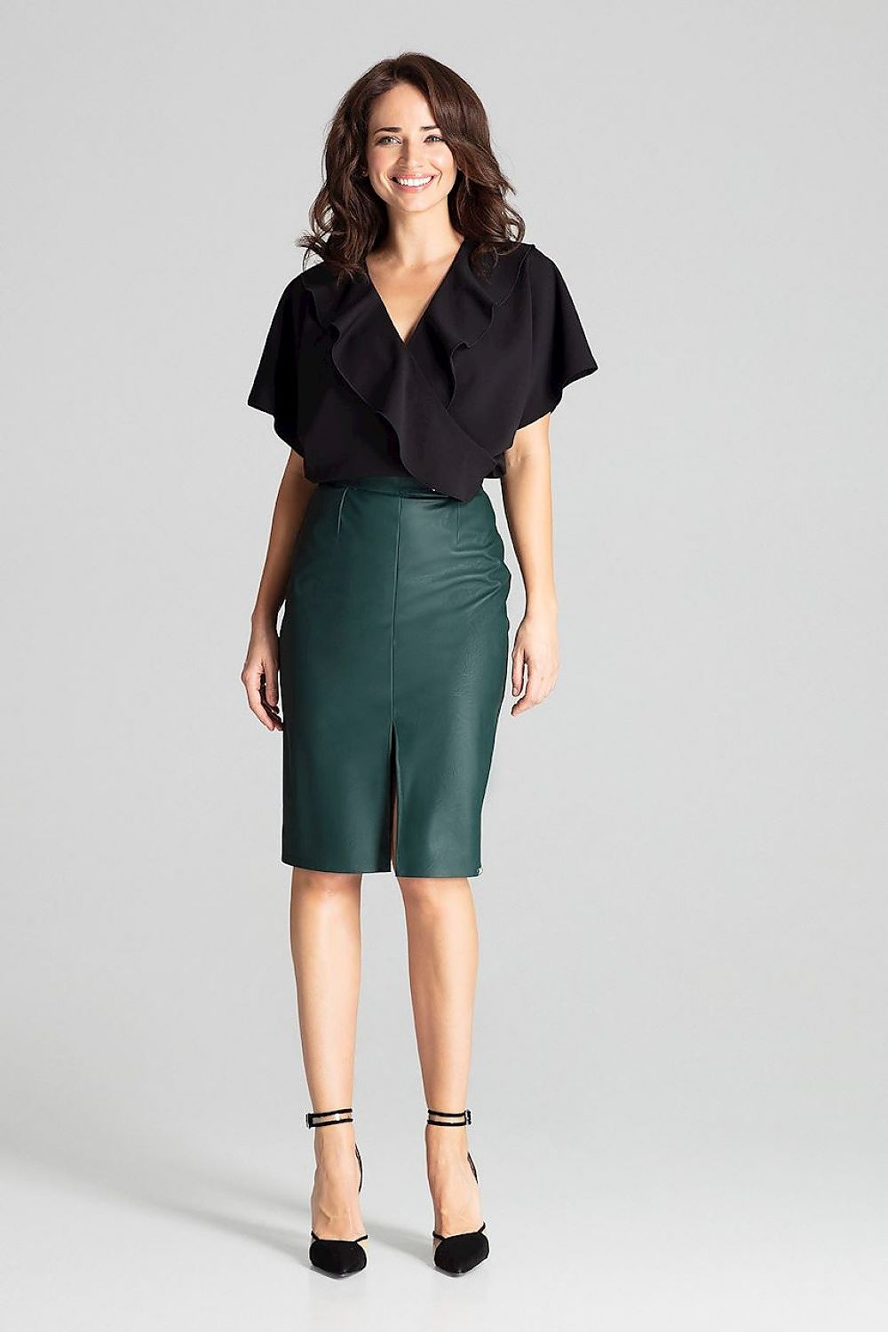 Elegant Black Eco-Leather Midi Pencil Skirt Lenitif