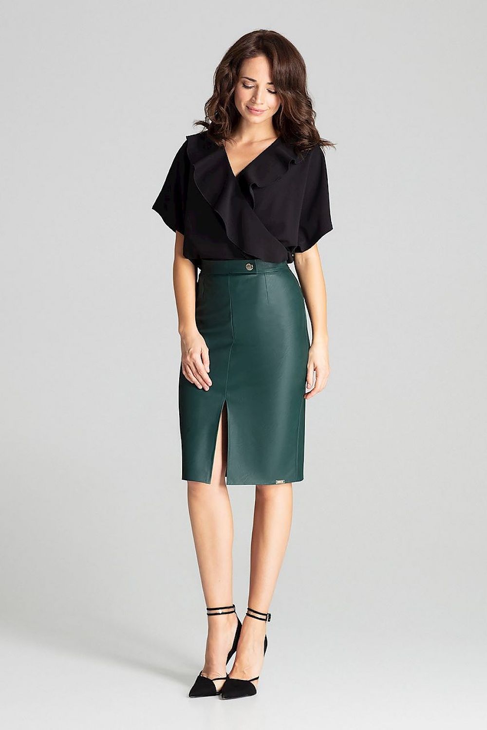 Elegant Black Eco-Leather Midi Pencil Skirt Lenitif