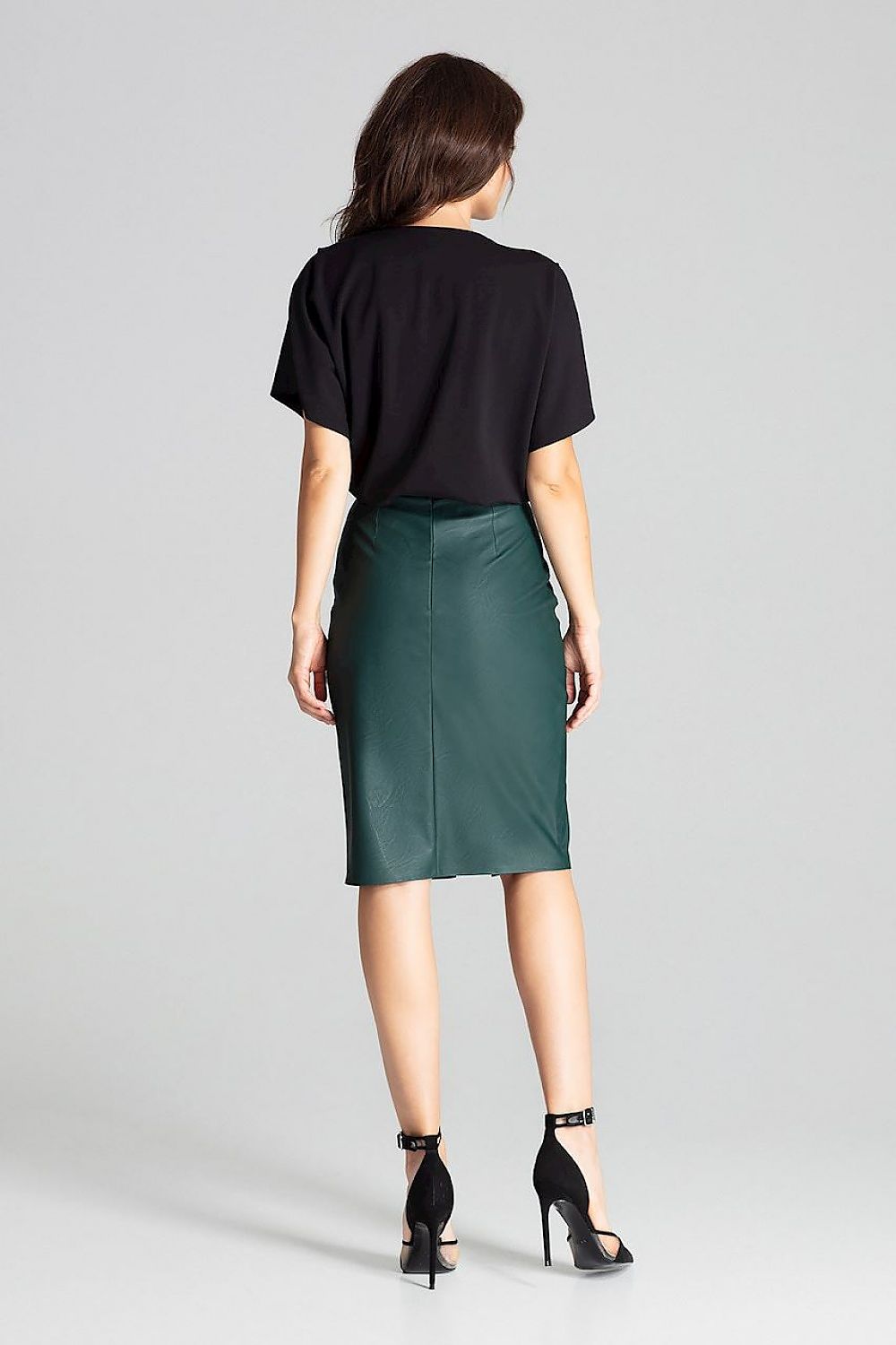 Elegant Black Eco-Leather Midi Pencil Skirt Lenitif