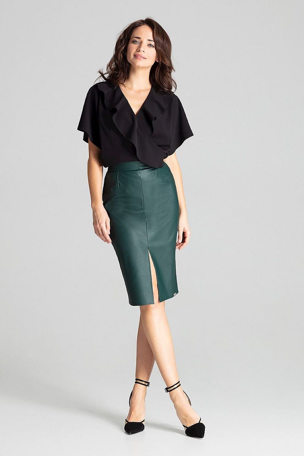 Elegant Black Eco-Leather Midi Pencil Skirt Lenitif