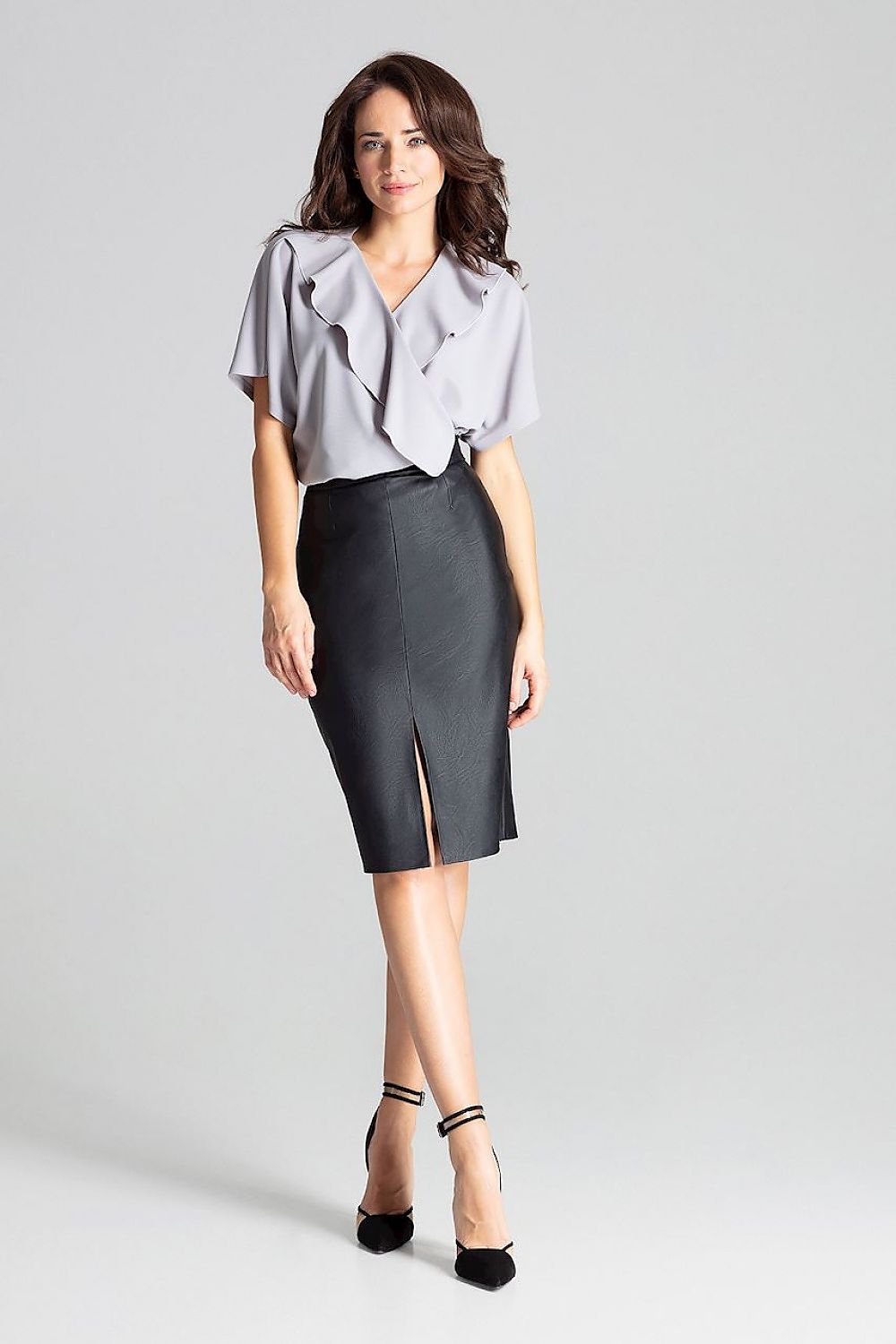 Elegant Black Eco-Leather Midi Pencil Skirt Lenitif