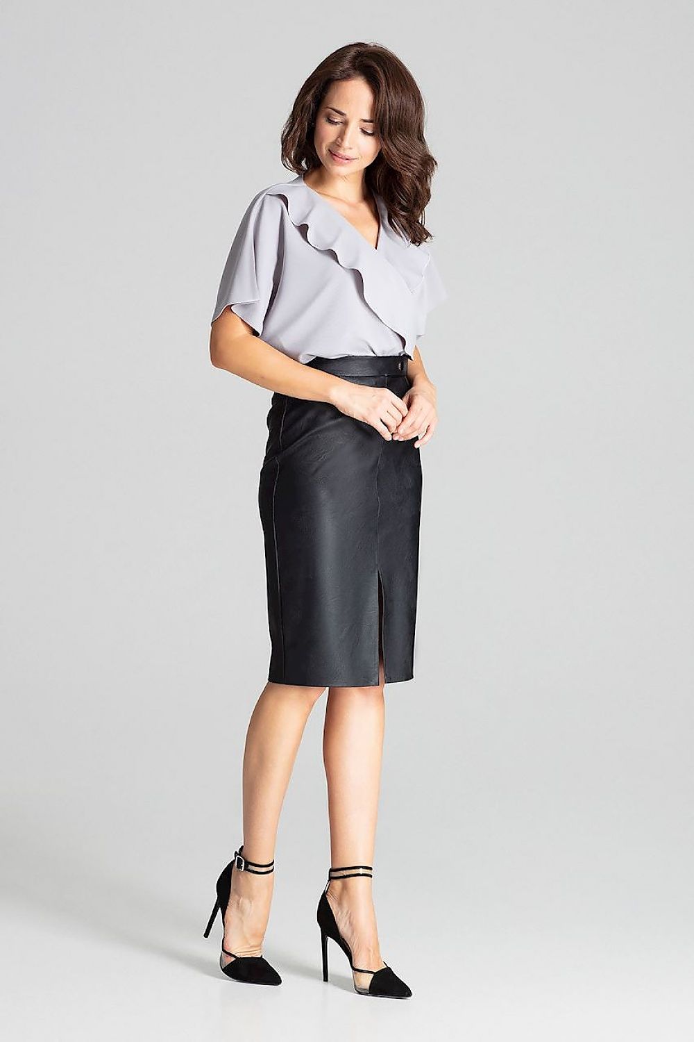 Elegant Black Eco-Leather Midi Pencil Skirt Lenitif