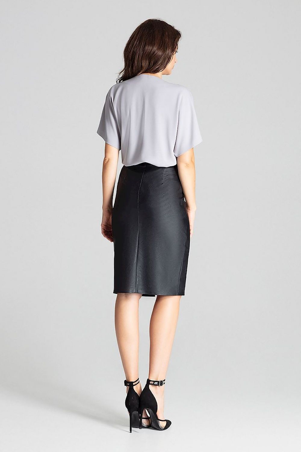 Elegant Black Eco-Leather Midi Pencil Skirt Lenitif