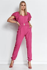 Lightweight Ruffled V-Neck Overalls Makadamia