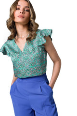 Delicate Printed Satin V-Neck Blouse Stylove