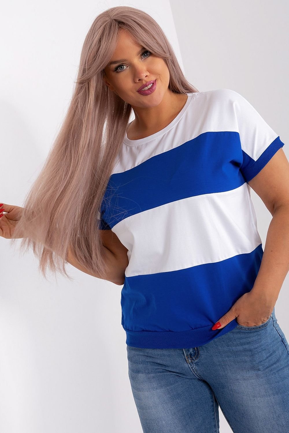 Wide Stripe Short Sleeve Plus Size Blouse