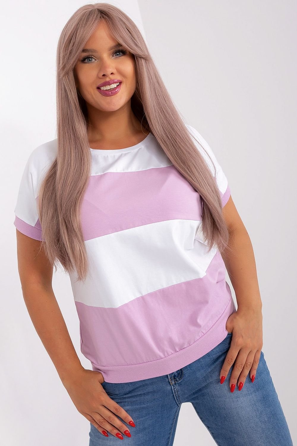 Wide Stripe Short Sleeve Plus Size Blouse