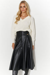 Elegant Leather Midi Skirt Makadamia