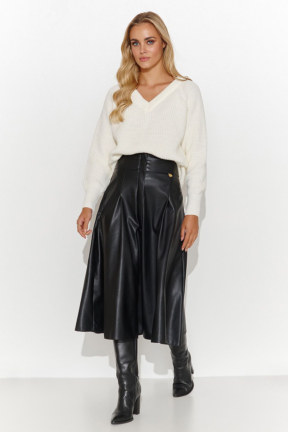 Elegant Leather Midi Skirt Makadamia