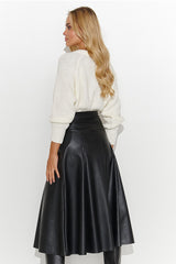 Elegant Leather Midi Skirt Makadamia