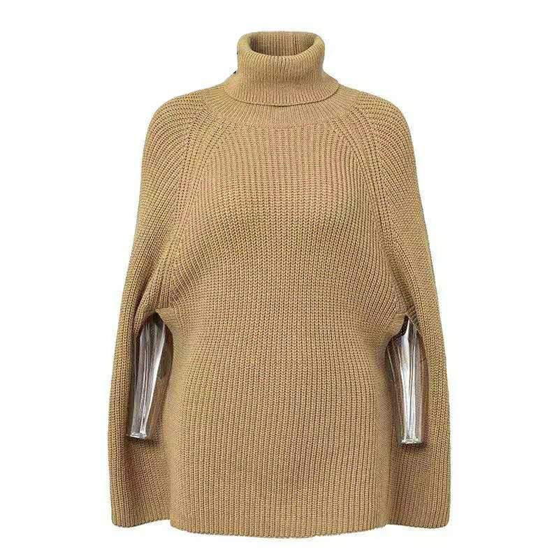 So We Backpedaling Now? High Neck Shawl Knitted Sweater Women Khaki for women