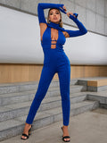 Passed The Vibe Check Cutout Plunge Neck Jumpsuit Royal Blue for women