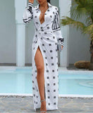 Did I Stutter? Lace-Up Slit Long Sleeve Maxi Dress Black and White for women