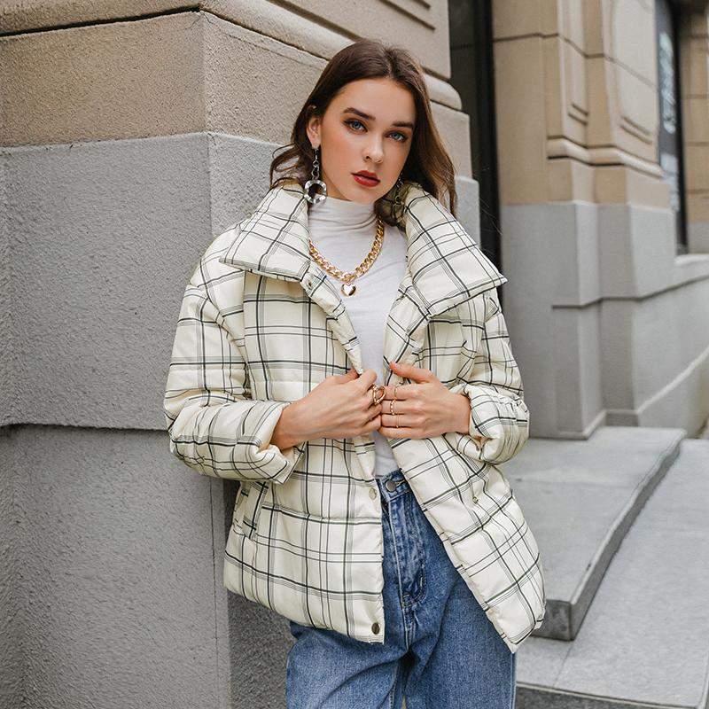 Crossing The Line Plaid Puffer Jacket White for women