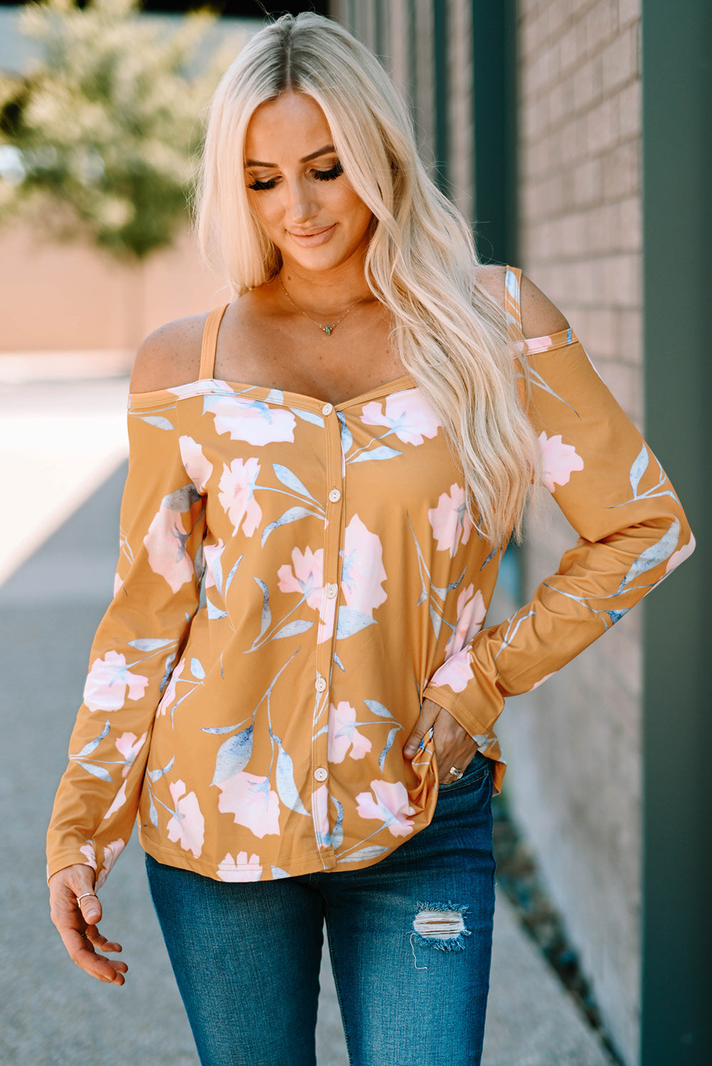 Floral Cold-Shoulder Long Sleeve Top Yellow for women