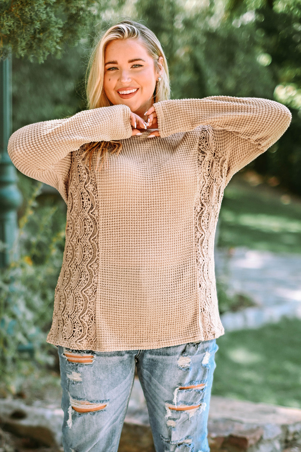 Plus Size Waffle-Knit Spliced Lace Top for women