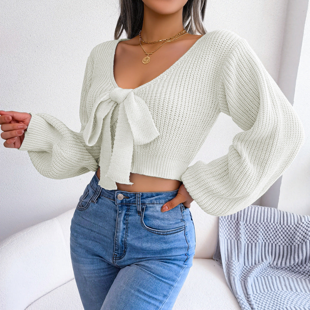 Tie-Front Rib-Knit Cropped Sweater White for women