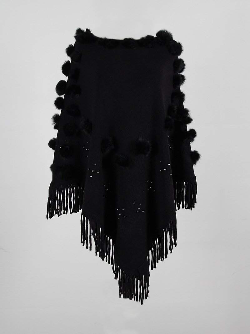 Catch My Drift Fringed Shawl Sweater Pullover Black One size for women