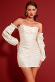 Ruched Off-Shoulder Ruffled Bodycon Dress Ivory for women