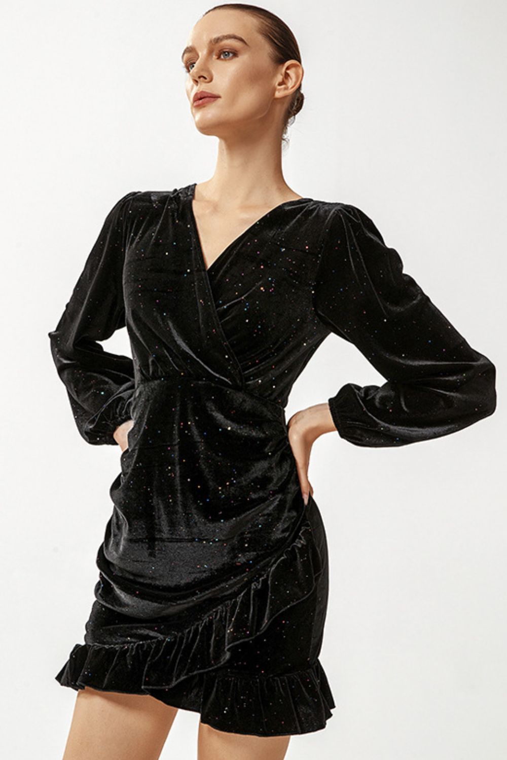 Glitter and Champagne Ruched Ruffle Hem Surplice Mini Velvet Dress for women