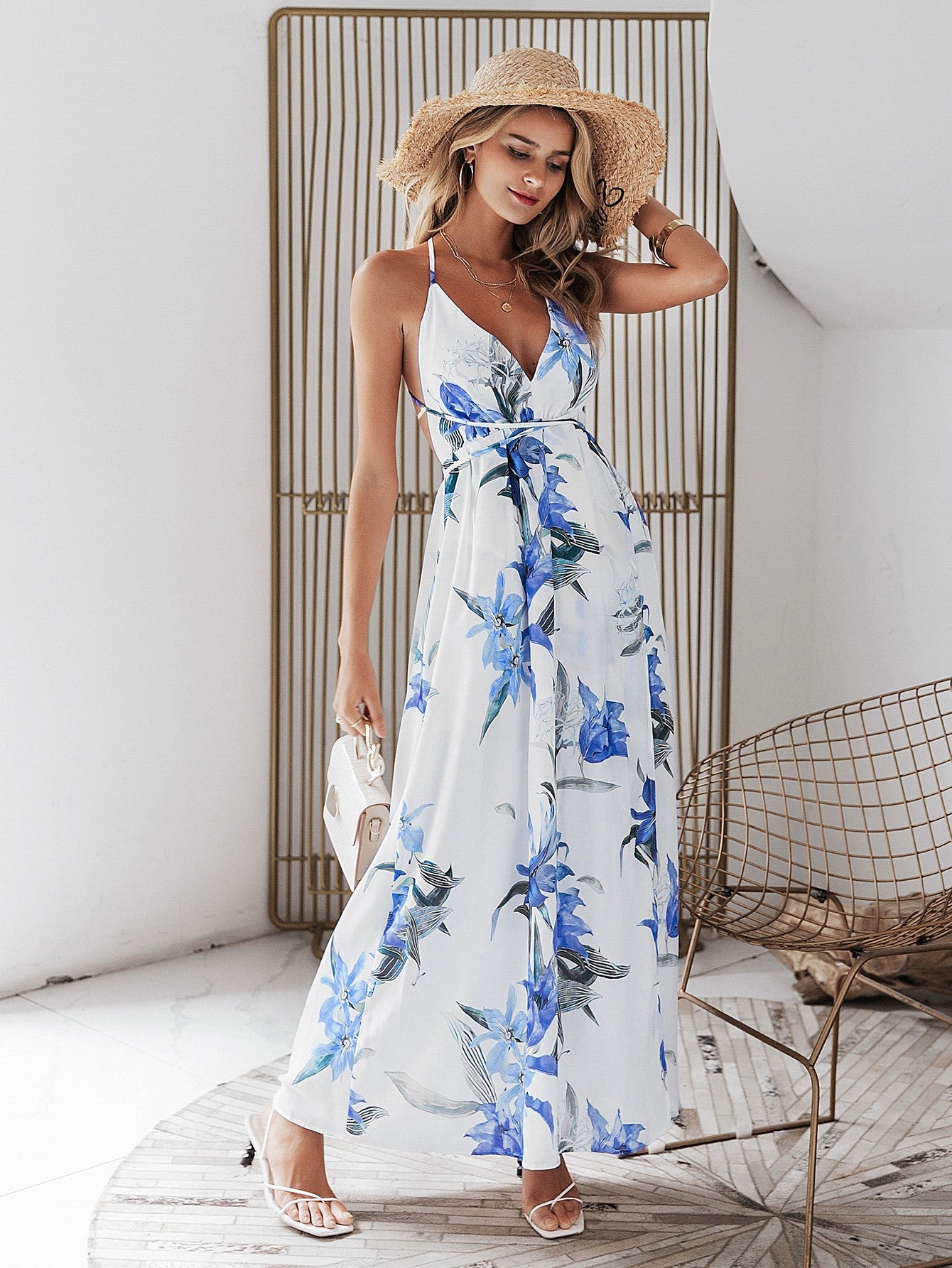 The Perfect Getaway Floral Lace-Up Split Halter Neck Maxi Dress for women